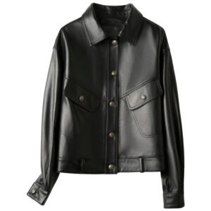 Black Leather Jacket for Women. The timeless shirt collar design adds a touch of sophistication, while the single breasted metal button closure ensures a secure and stylish fit.