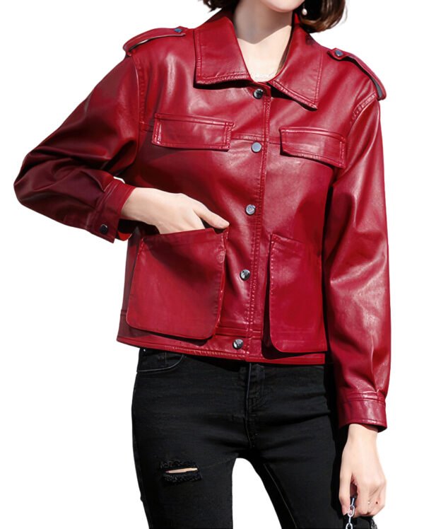 Embrace your inner fashionista with UNZE LUXE Best Leather Jacket Women. Red Genuine Sheepskin Shoulder Epaulets Moto Biker Racer Jacket.